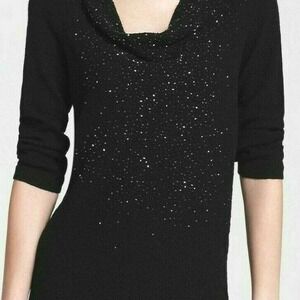 Eileen Fisher Merino Wool Sweater Women's Size Large Black Beaded Cowl Knit NYE